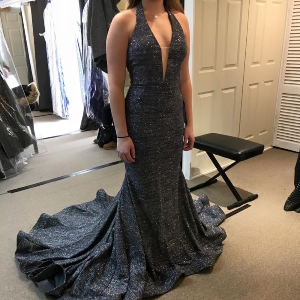 Jovani Gunmetal glitter halter plunging dress
